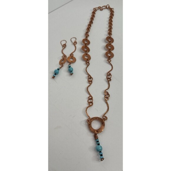 Copper Wire Necklace Earrings Set With Turquoise Gemstones Hand Crafted Boho - Picture 4 of 15